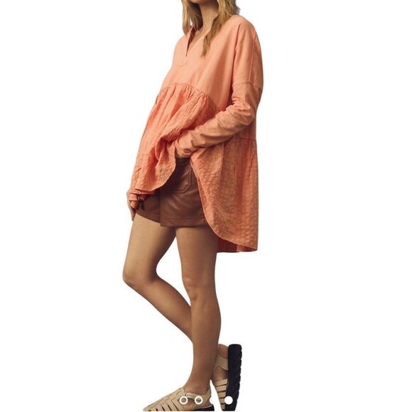 Anthropologie Pilcro Long-Sleeve Babydoll Top blouse gingham light orange Medium - Picture 3 of 15